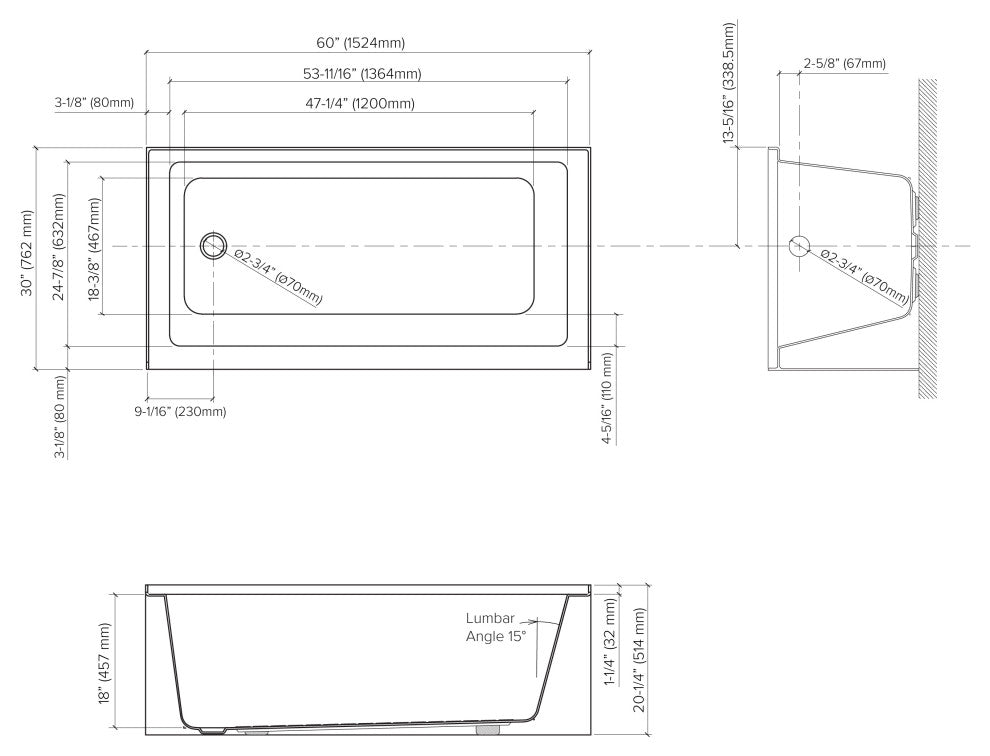 Transolid UATTR603020-L Ursula 60x30x20 Alcove Acrylic Tub, Right