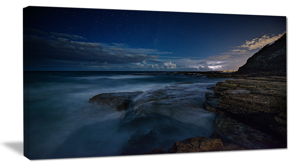 "Rocky Blue Ocean At Nighttime" Seashore Canvas Print, 40"x20"