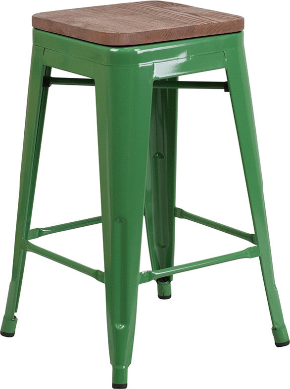 24" High Backless Green Metal Counter Height Stool With Square Wood Seat