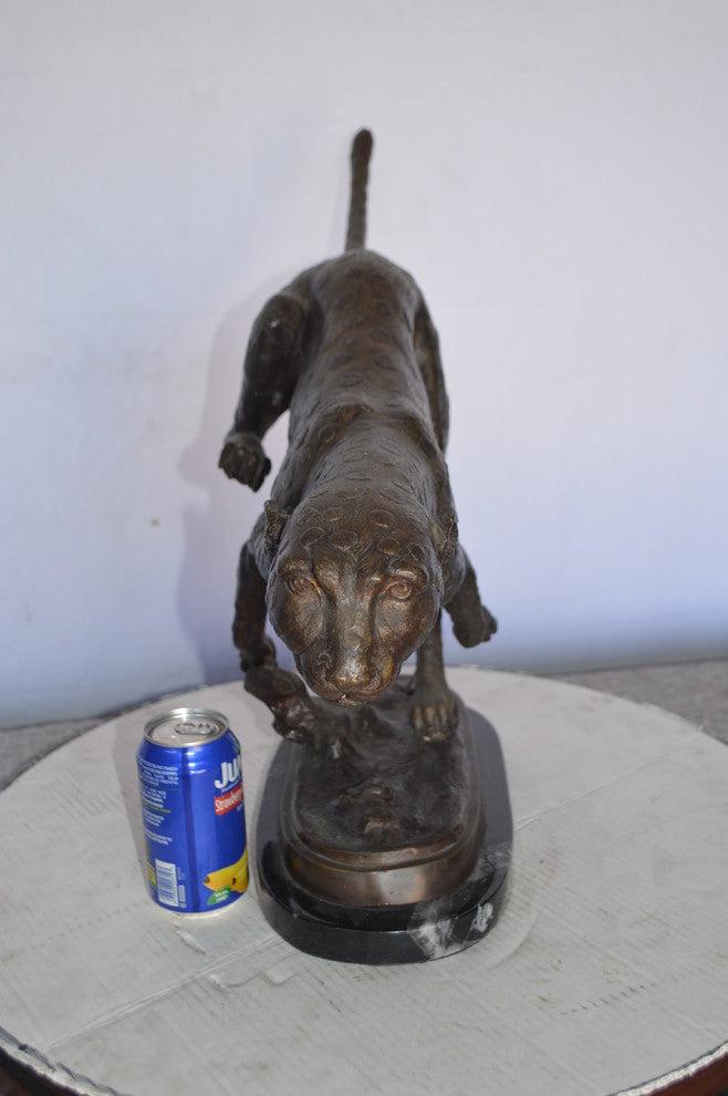 Cheetah Running Bronze Statue on a Marble Base -  Size: 30"L x 9"W x 19"H.