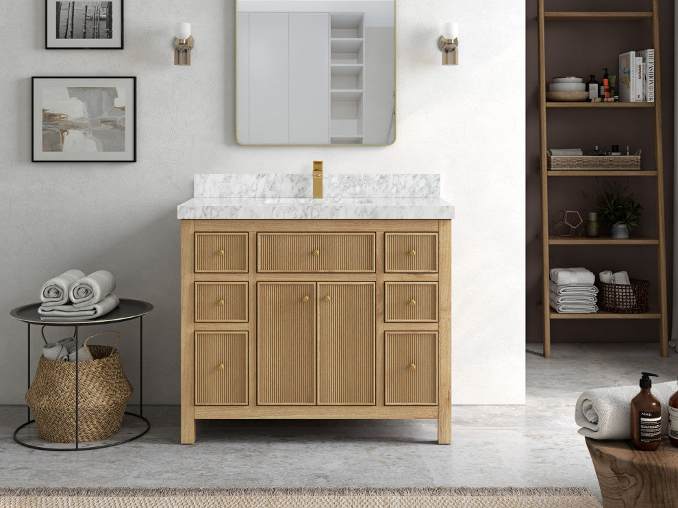 Sonoma 42 Single Sink Bath Vanity in Light Natural Teak with 2" Carrara Marble