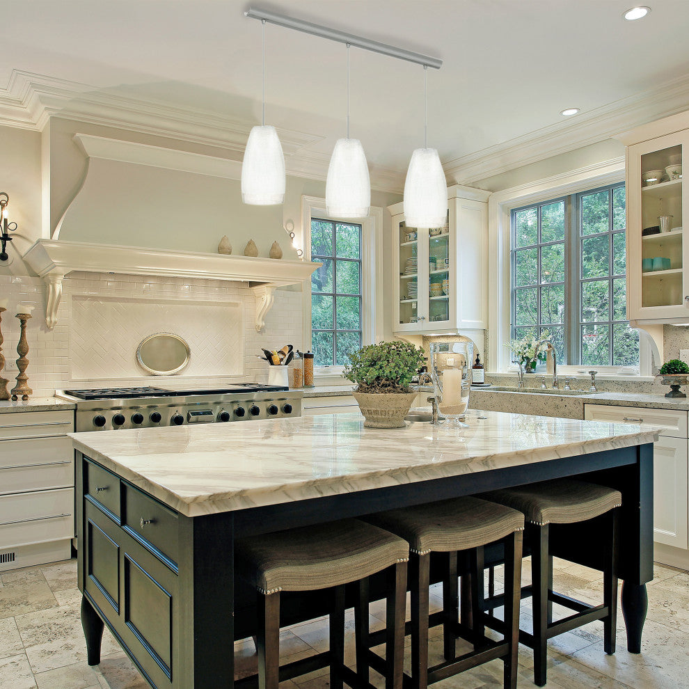 Crash, 3-Light Kitchen Island Pendant, Matte Nickel, White Crackle Glass Shade
