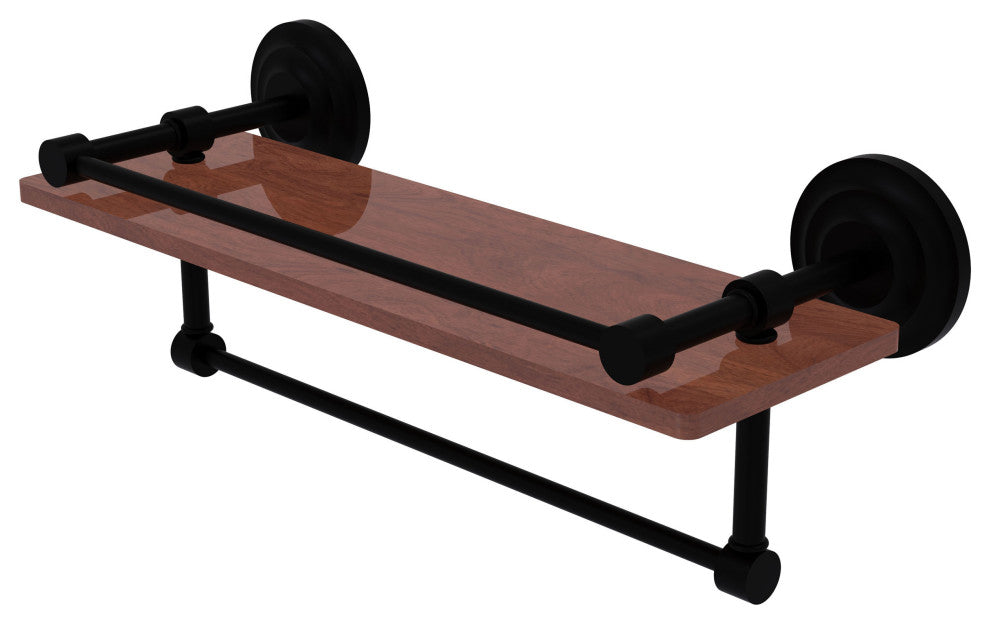 Que New 16" Wood Shelf with Gallery Rail and Towel Bar, Matte Black