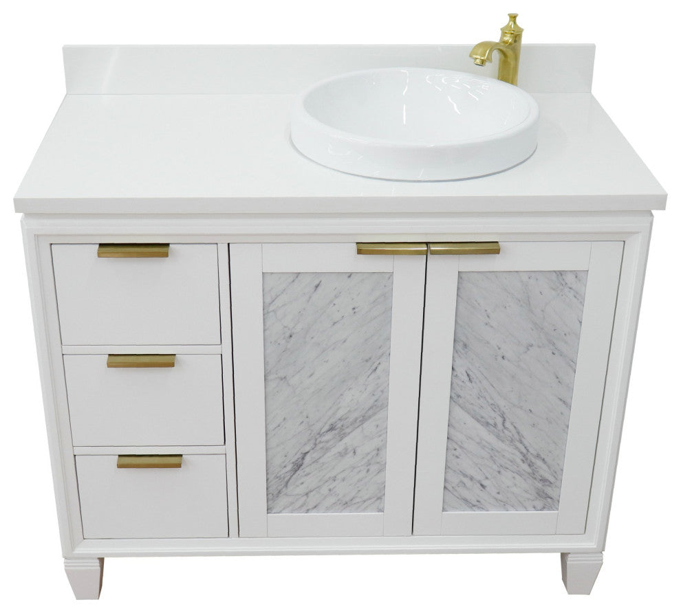 43" Single Vanity, White Finish With White Engineered Stone Top