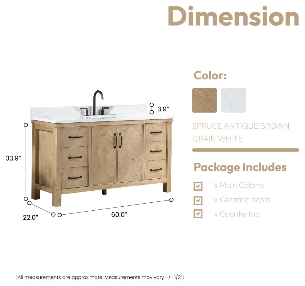 Javier Bath Vanity, Composite Stone Top, Antique Brown, 60", Single Vanity, No Mirror