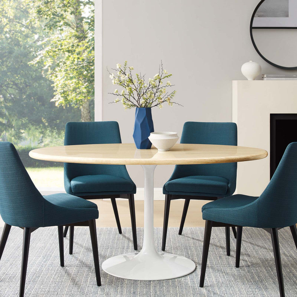 Lippa 60" Oval Artificial Travertine Dining Table, White Traventine