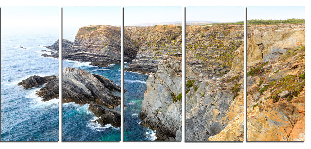 "Blue Rocky Bay Portugal" Panorama Seashore Wall Art, 60"x28", 5-Panels