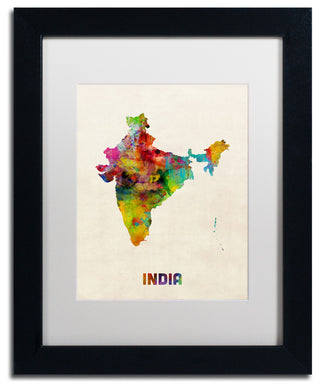 "India Watercolor Map" Matted Framed Canvas Art by Michael Tompsett