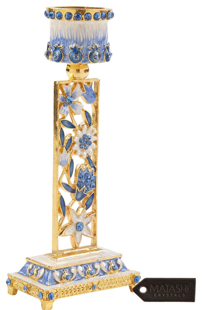 Matashi Shabbat Candlestick Holder (2-Piece Set) Hand-Painted,  Pewter(Blue)