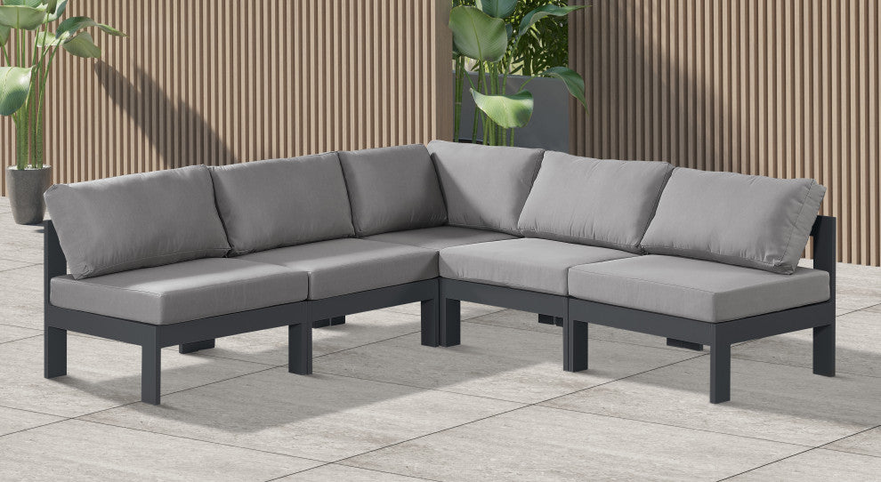 Nizuc Water Resistant Patio L-Shaped Modular Sectional, Gray, 5-Piece: 4 Armless Chair, 1 Corner Chair, Dark Gray Aluminum Frame