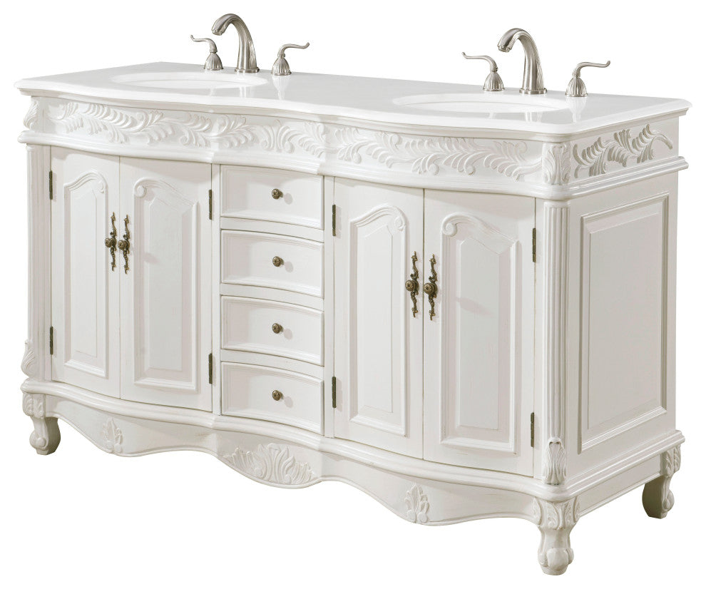 60" Double Bathroom Vanity, with Ivory White Engineered Marble in Antique White