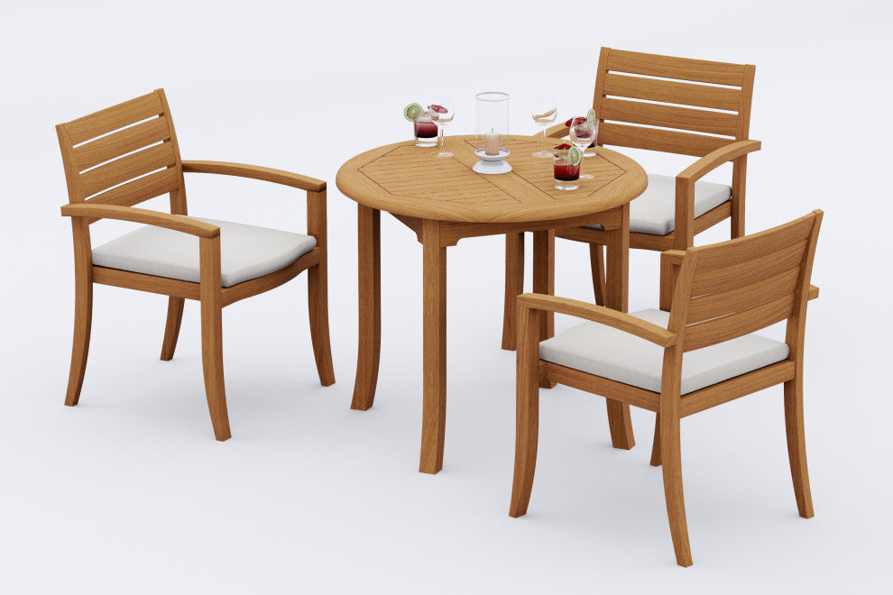 4-Piece Outdoor Teak Dining Set: 36" Round Table, 3 Trav Stacking Arm Chairs