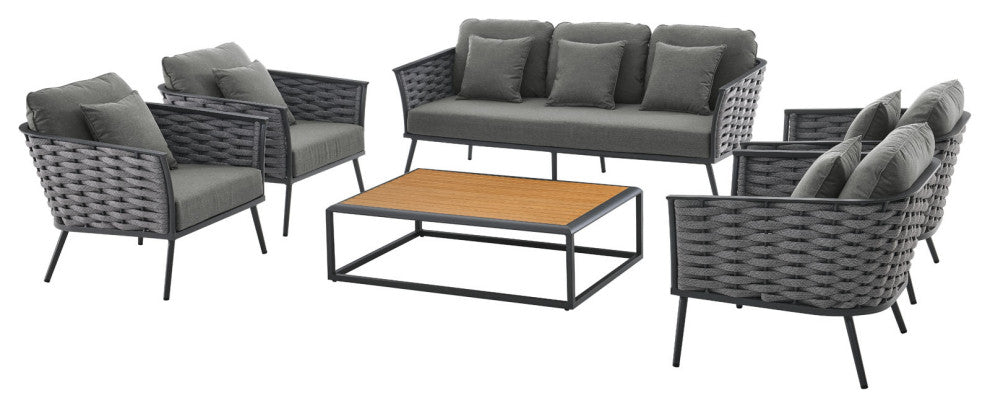 Lounge Sectional Sofa Chair Table Set, Gray, Aluminum, Modern, Outdoor