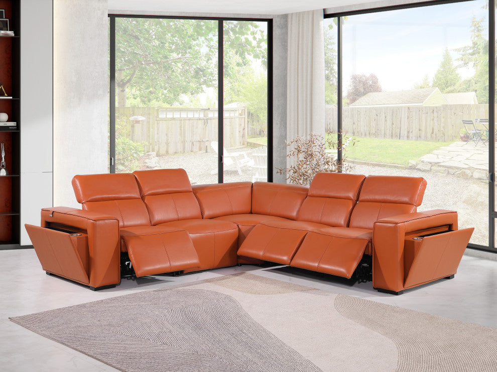 Niccolo Italian Leather 5-Piece L-Shaped Power Reclining Sectional, Camel