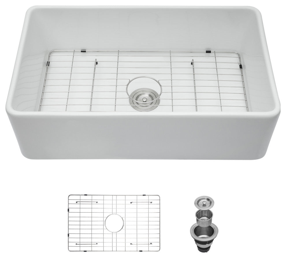 White Ceramic 30 in. Single Bowl Farmhouse Apron Kitchen Sink with Bottom Grid, 30"x20"