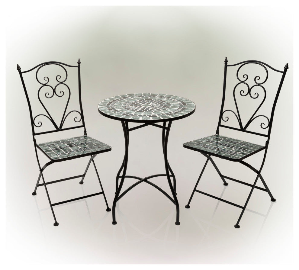 Marbled Glass Mosaic 3-Piece Bistro Set Folding Table and Chairs Patio Seating