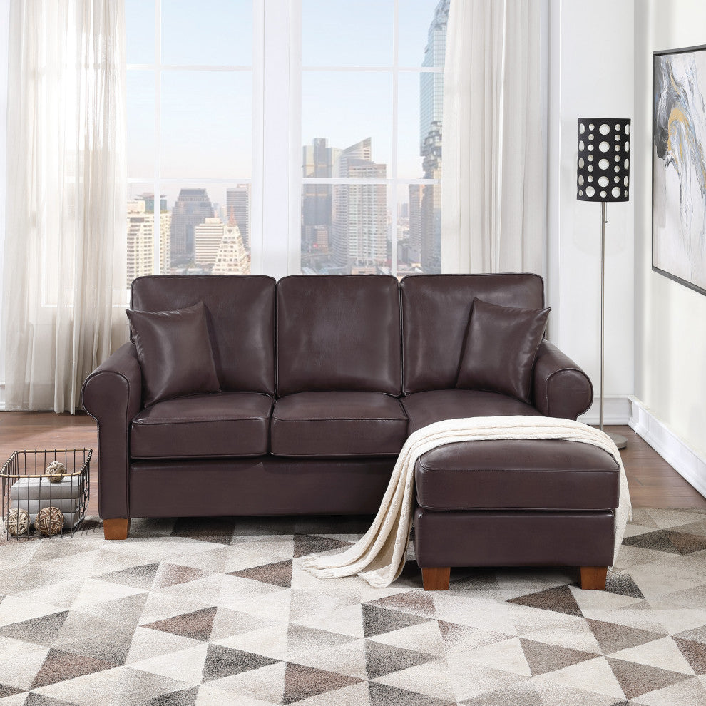 Rylee Rolled Arm Sectional, Cocoa Faux Leather With Pillows and Coffee Legs