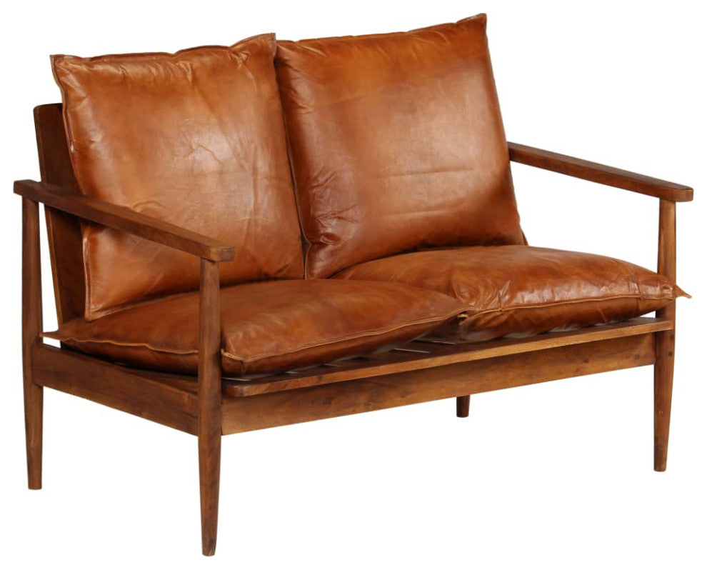 vidaXL 2-Seater Sofa Real Leather With Acacia Wood Brown