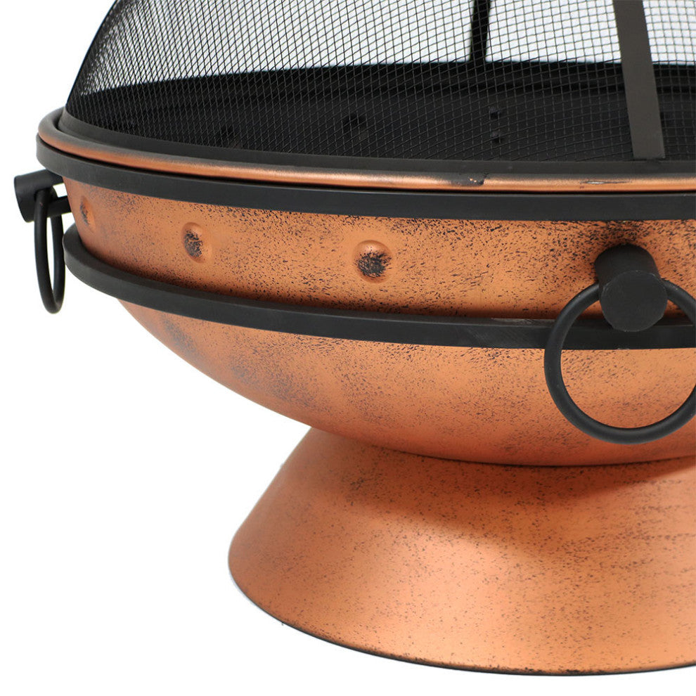 Sunnydaze Royal Cauldron Copper Fire Pit With Handles and Spark Screen, 30"