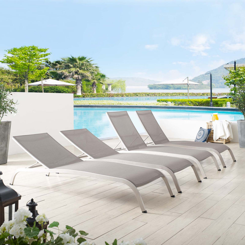Lounge Chair Chaise, Set of 4, Aluminum, Metal, Gray, Modern, Outdoor Patio