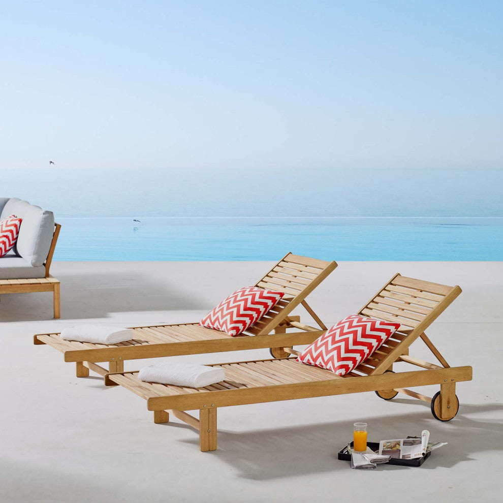 Lounge Chair Chaise, Set of 2, Wood, Brown Natural, Modern, Outdoor Patio Cafe