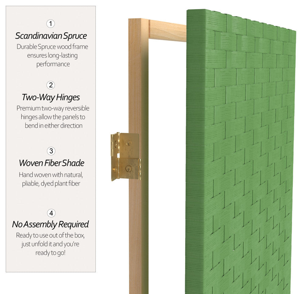 6'' Tall Woven Fiber Room Divider, 4 Panel, Light Green