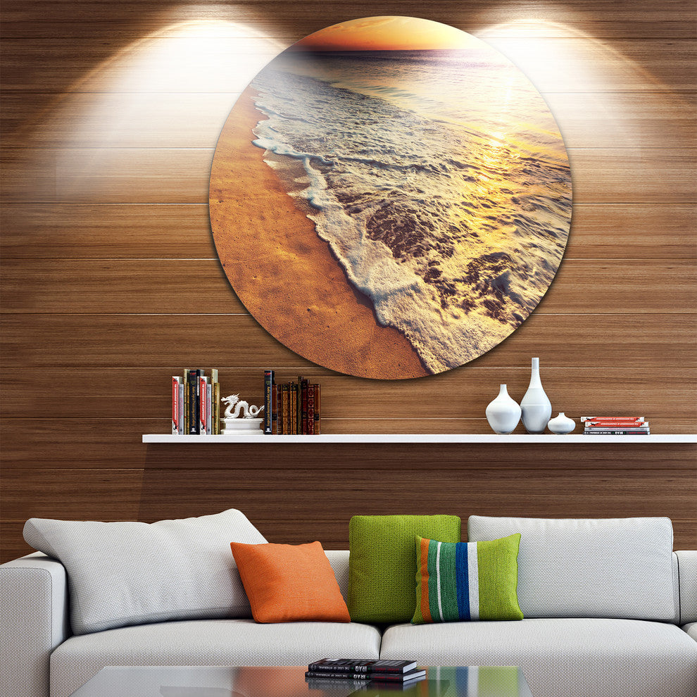 Foaming Waves At Sea Sunset, Modern Beach Round Metal Wall Art, 11"