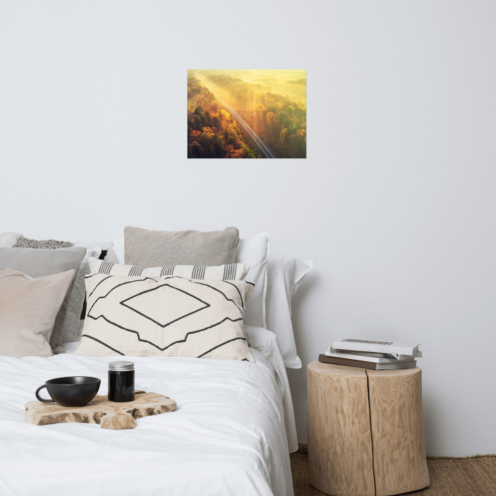 Sunrise Railroad Though Misty Forest Landscape Photo Loose Wall Art Prints, 18" X 24"