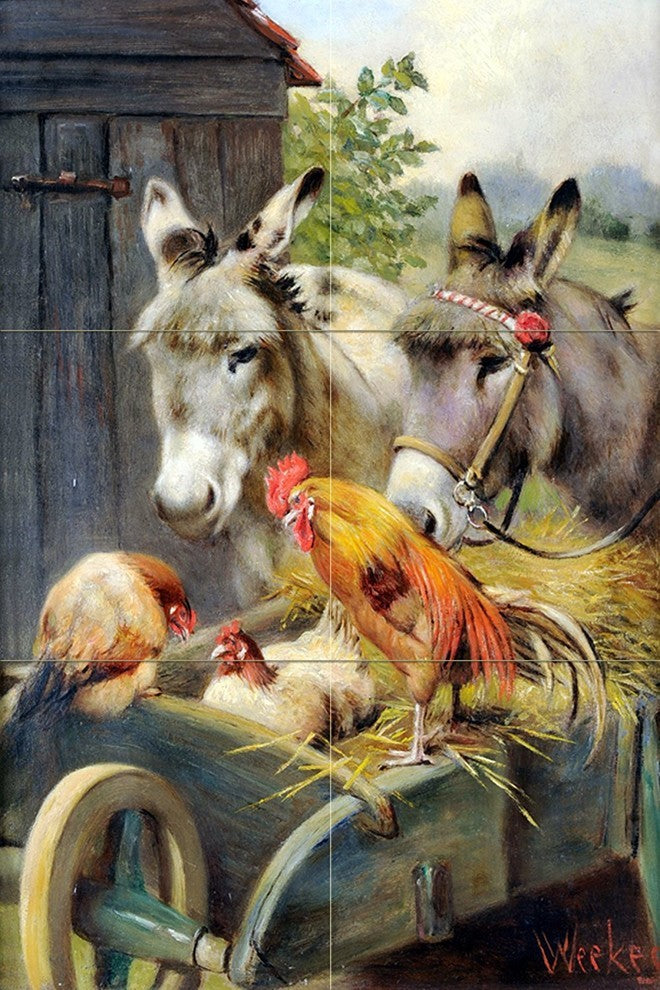 Tile Mural Rooster Chickens Donkeys Kitchen Backsplash, 4" Marble