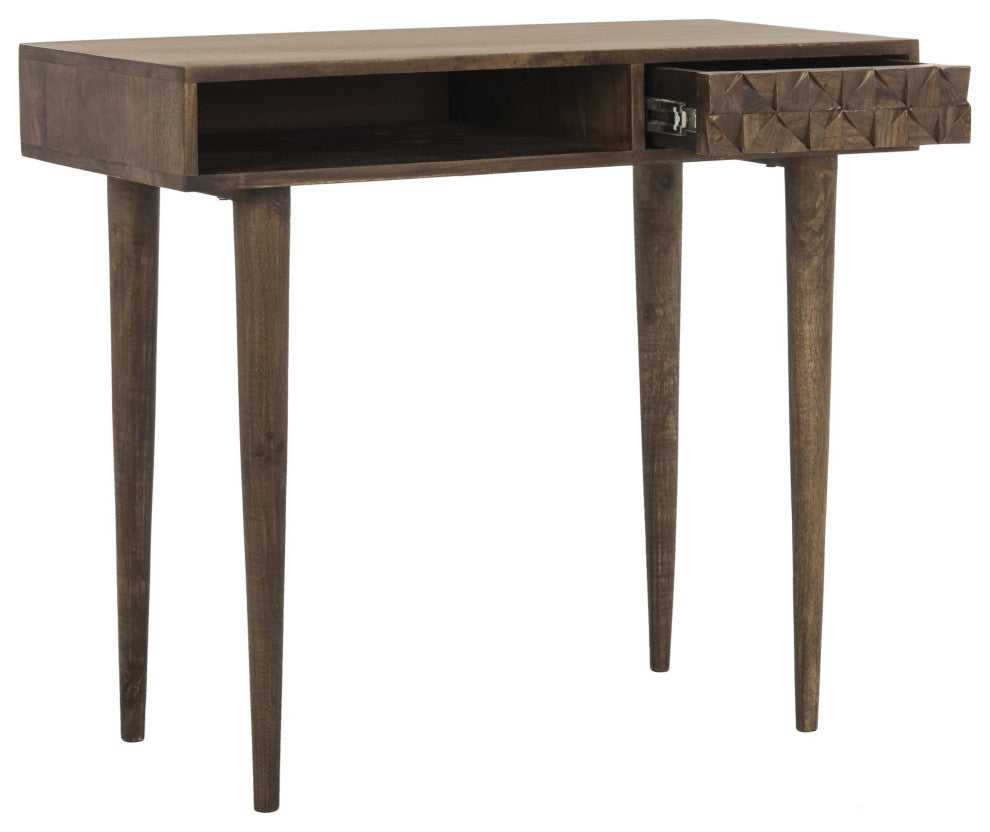 Transitional Desk, Tapered Legs & Unique Geometric Accented Drawer Front, Walnut
