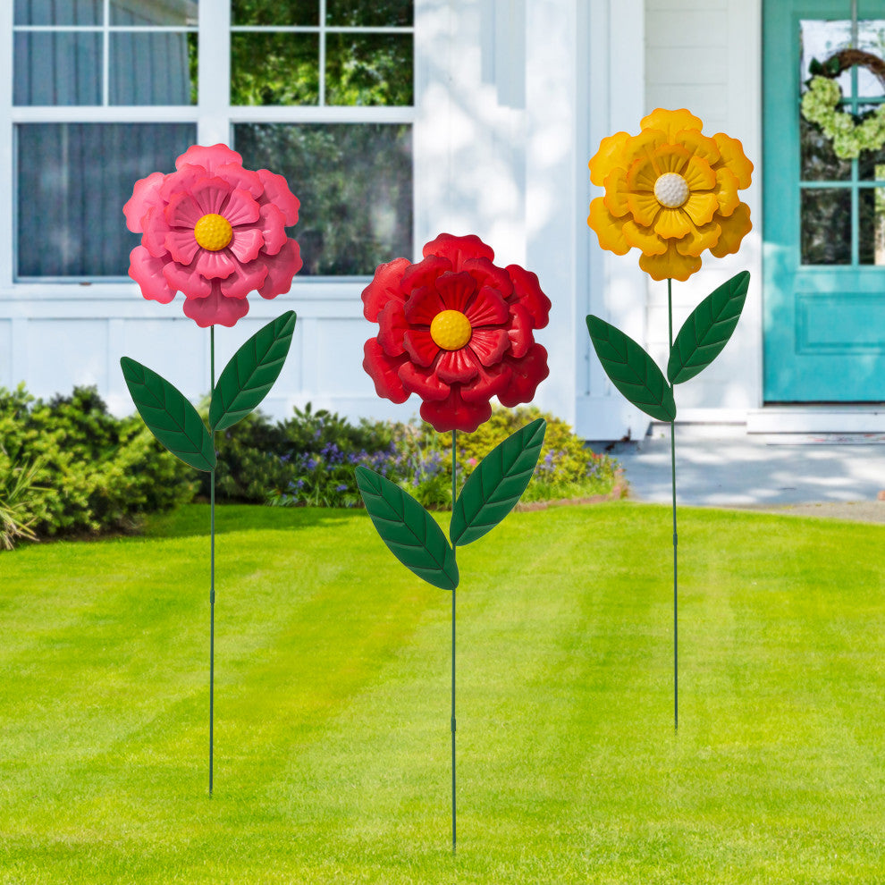 39.5"H Metal Dimensional Flower Yard Stake / Wall Decor, Set of 3