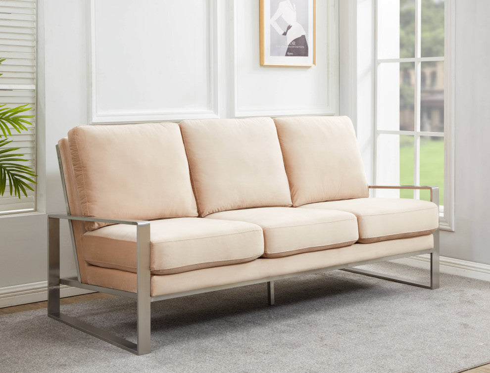 LeisureMod Jefferson Modern Design Velvet Sofa With Silver Frame, Beige