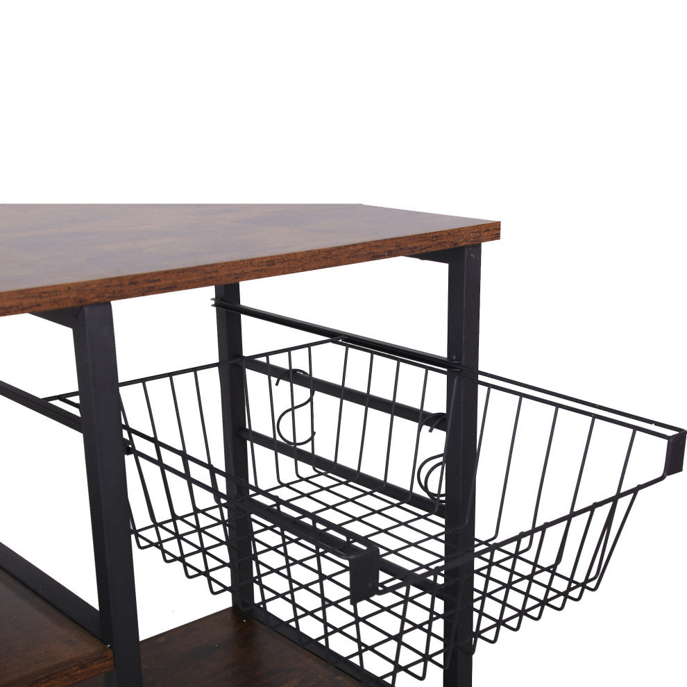 Wood and Metal Bakers Rack with 4 Shelves and Wire Basket, Brown and Black