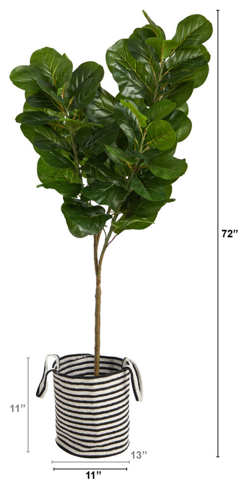6' Fiddle Leaf Fig Faux Tree, Handmade Black & White, Jute & Cotton Planter