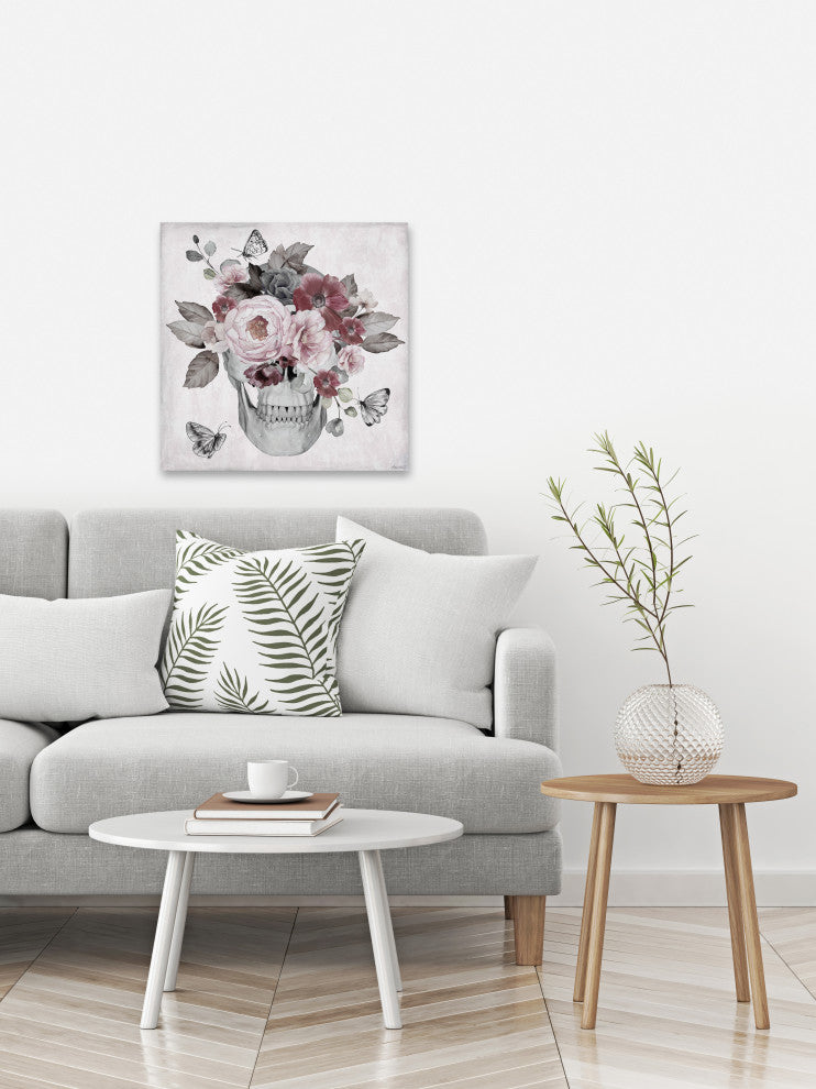 "Skull and Pink Peonies" Painting Print on Wrapped Canvas, 12x12