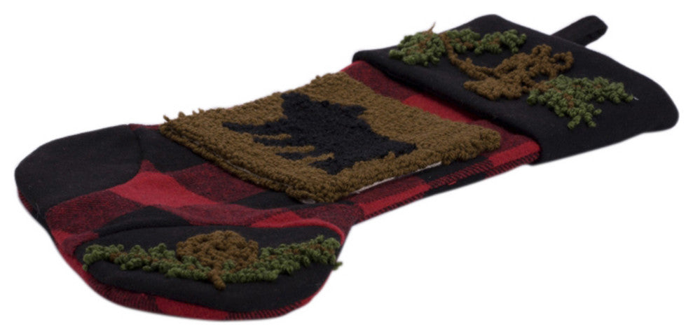 Set of 2 Plaid Stocking With Rug Hooked, Bear