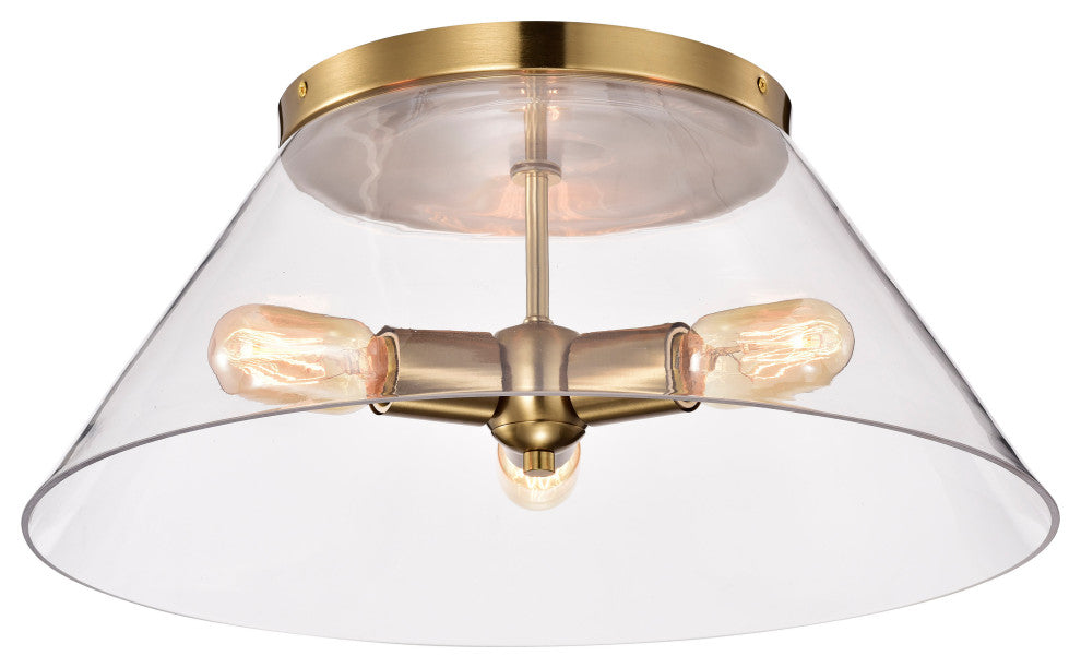 Dover 3-Light Large Flush Mount Fixture, Vintage Brass With Clear Glass