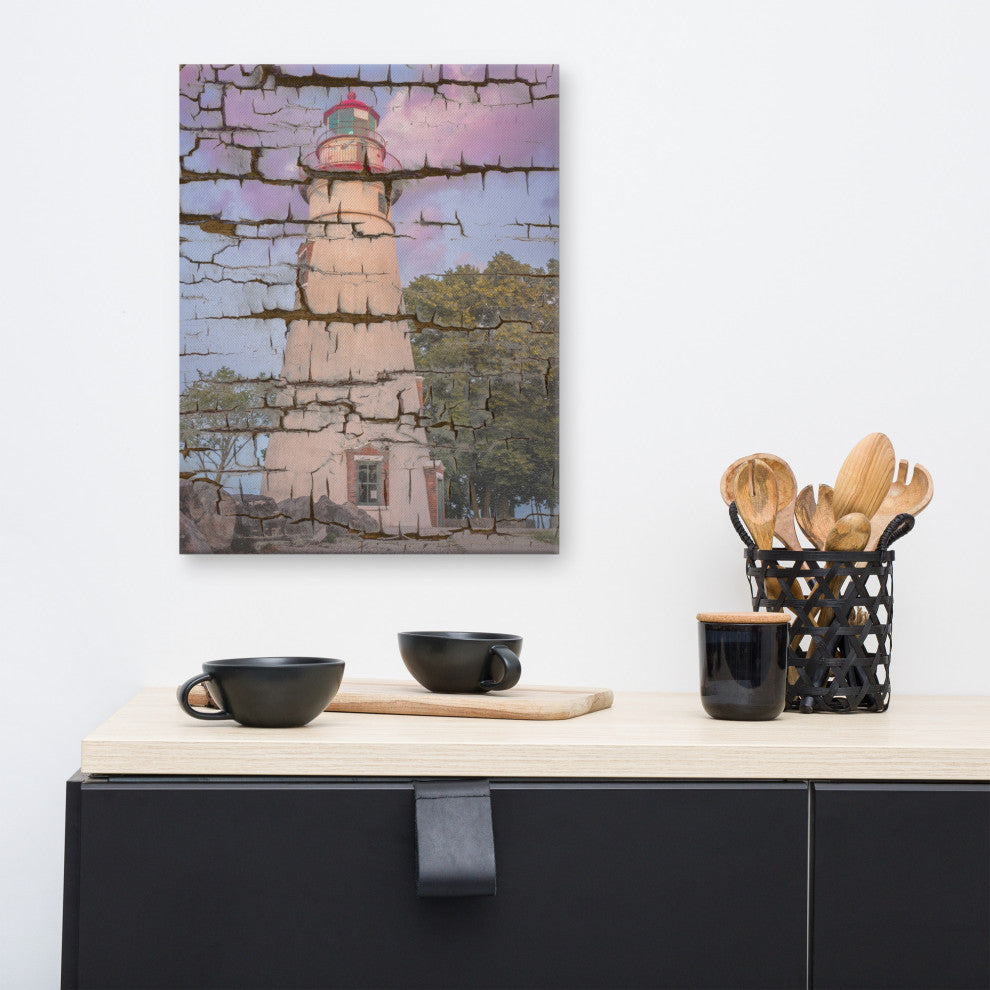 Faux Wood Texture Marblehead Lighthouse at Sunset Canvas Prints, 16" X 20"