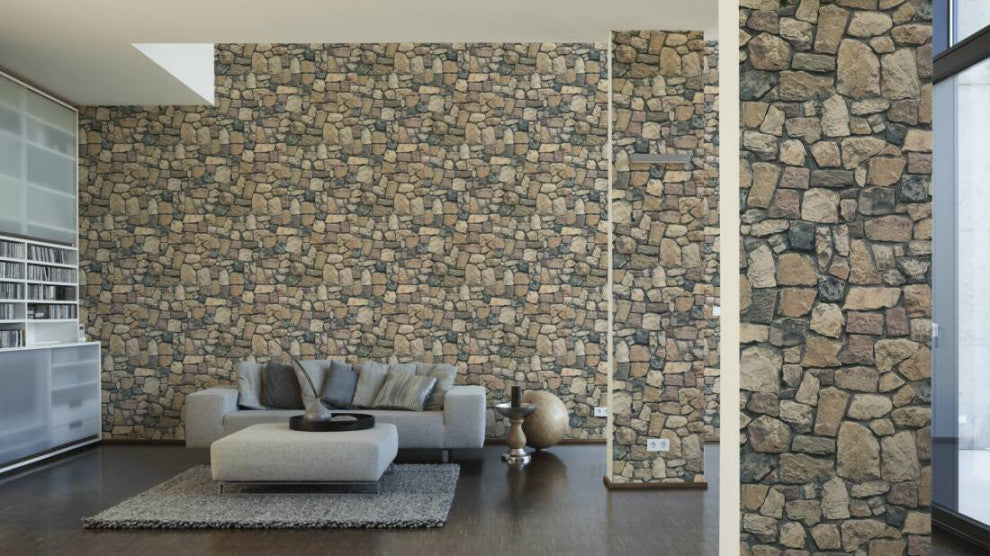 Faux Textured Wallpaper Stones, Brown Orange Gray, One Roll