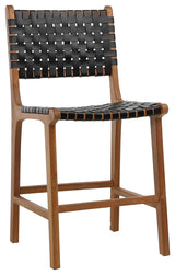 Maverick Top Grain Woven Black Leather With Teak Frame Dining Counter Stool