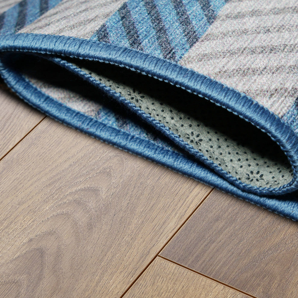 My Magic Carpet Washable Rug Tratti Offset Stripe Blue, 5' X 7'