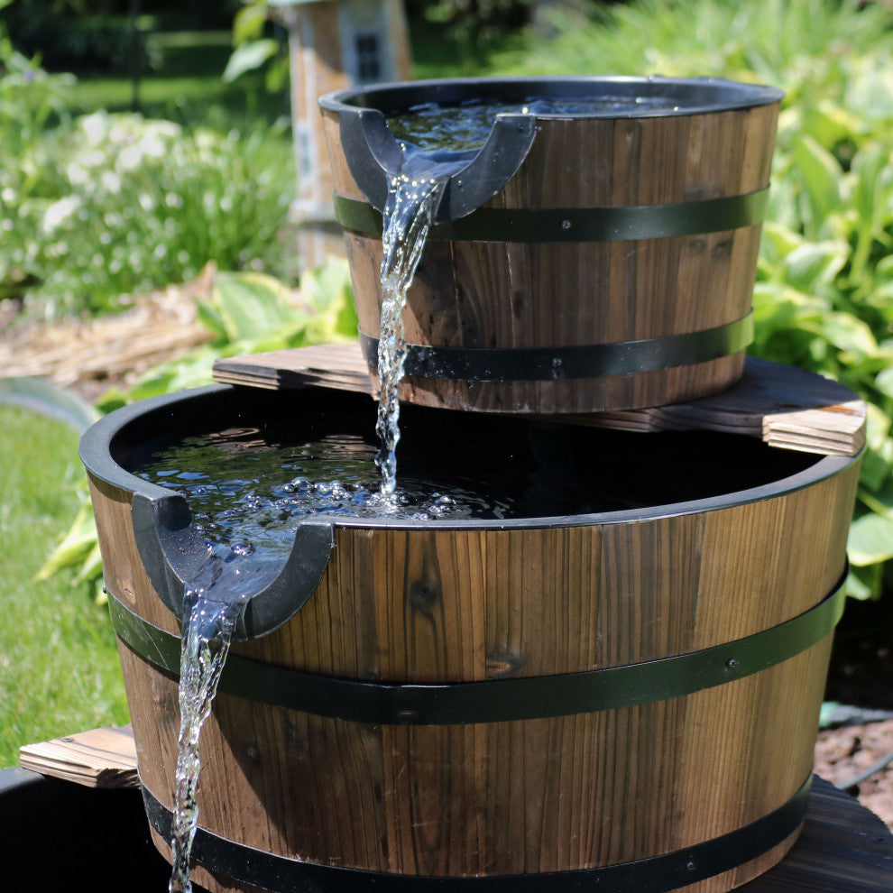 Sunnydaze Rustic 3-Tier Wood Barrel Outdoor Garden Water Fountain, 30"