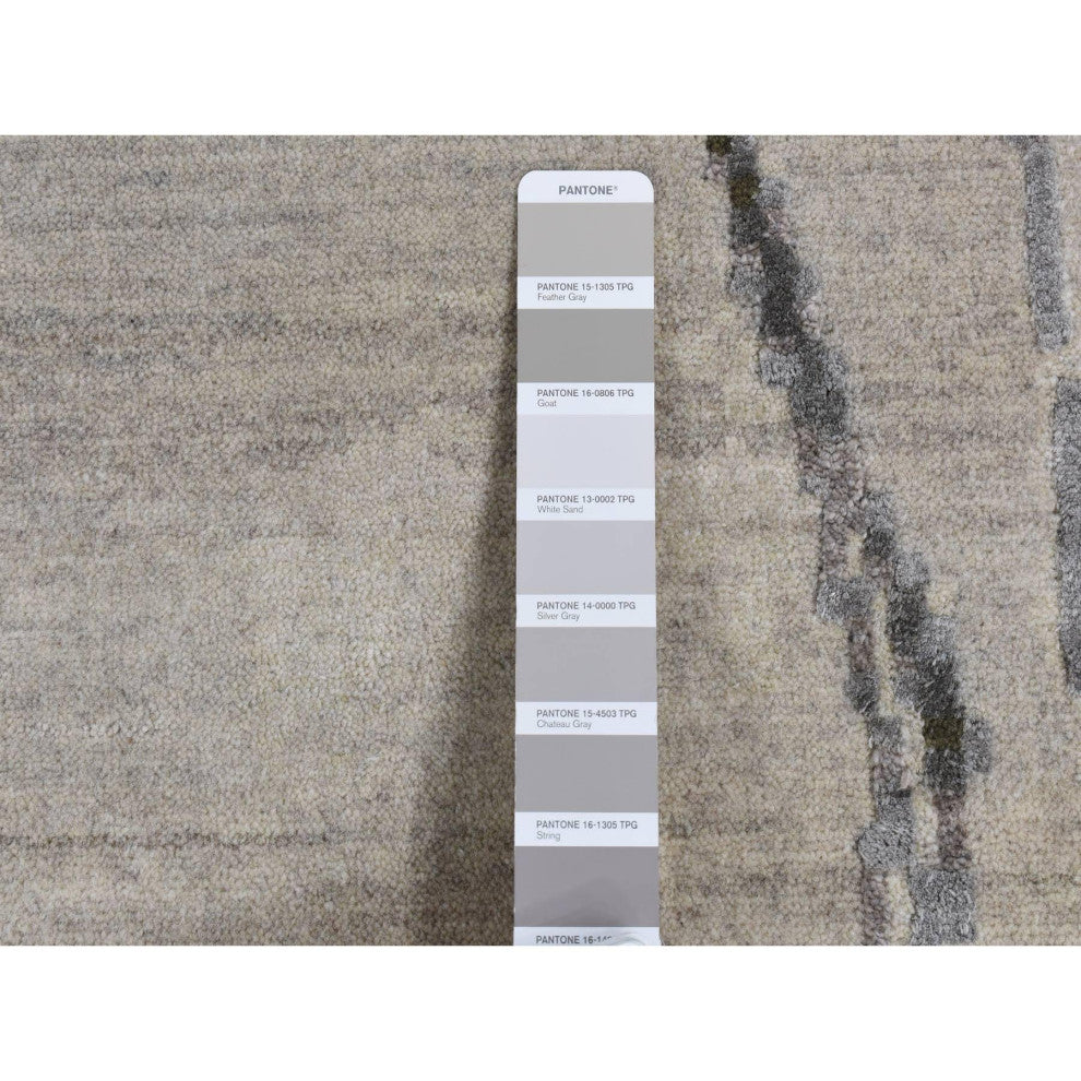 Gray, Abstract Dripping Design, Wool and Silk, Hand Knotted Rug, 8'10"x12'3"