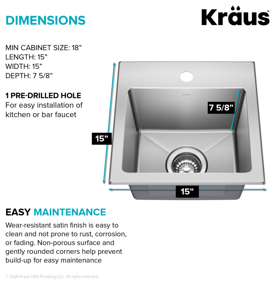 KRAUS Fairlane 15" Drop, / Top Mount 1-Bowl Stainless Steel Kitchen Sink