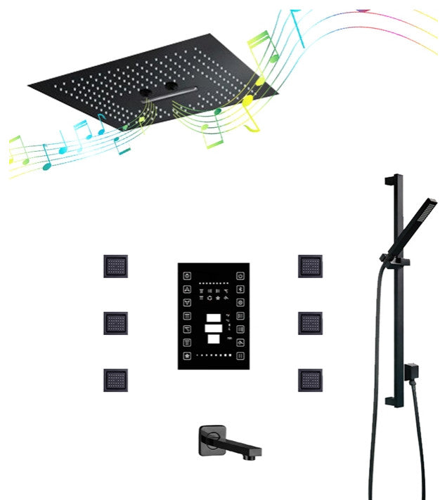 LED 16" Remote Controlled Matte Black Shower System, 6 Body Jets, and Tub Spout
