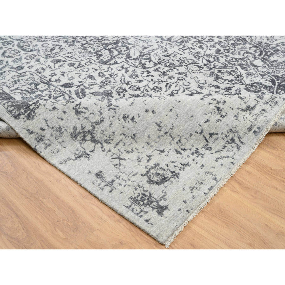 Gray Wool and Silk Hand Knotted Erased Persian Design Oversized Rug 12'1"x15'1"