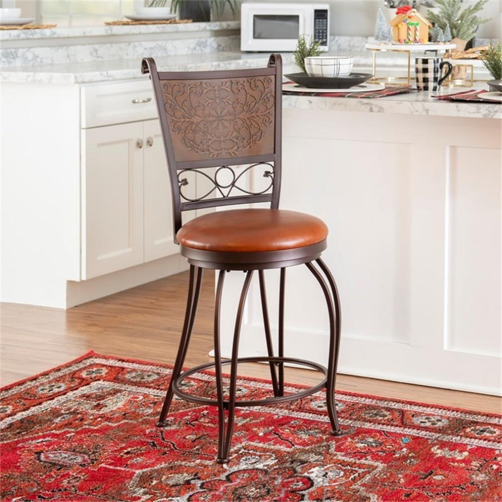 Linon Copper Stamped Back Swivel Faux Leather Steel Counter Stool in Bronze