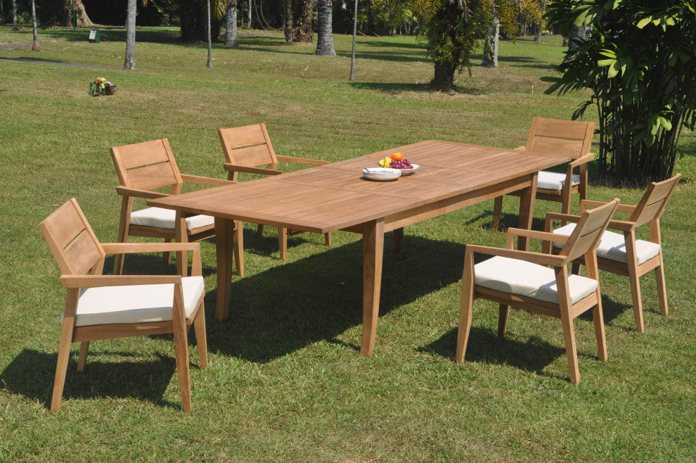 7-Piece Outdoor Teak Dining 122" X-Large Rectangle Table, 6 Celo Stacking Chairs