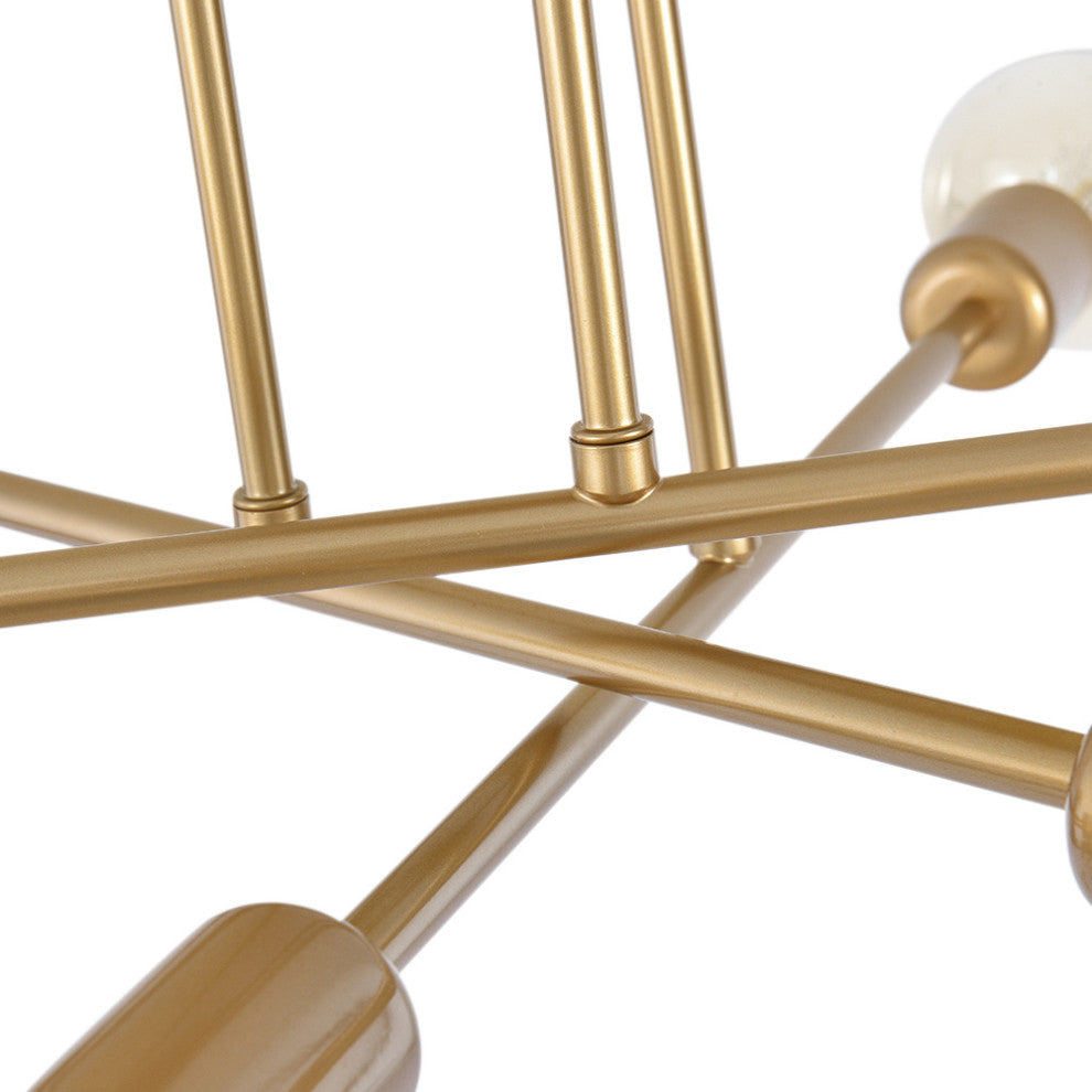 Modern Mid-century 6 Light Sputnik Linear Semi Flush Mount, Brass
