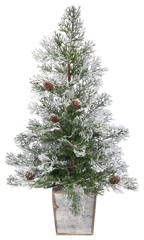 2' Frosted Pre-Lit Artificial Christmas Tree With Pinecones, Decorative Planter